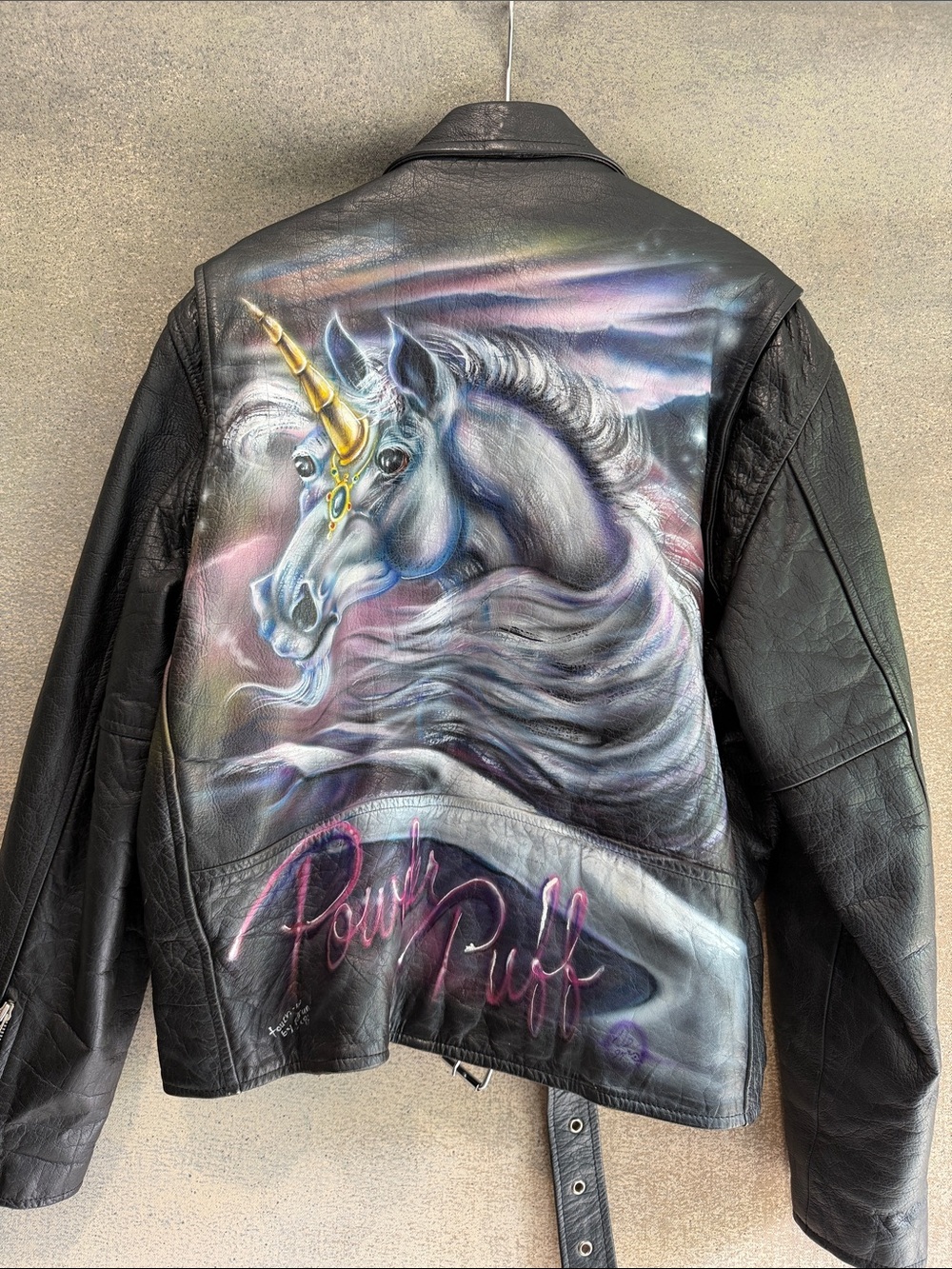 Hand-Painted 90s Vintage Air-Brushed Unicorn Leather Jacket